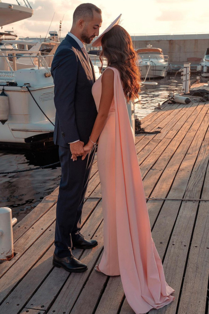 Sweetheart Sheath Evening Dress | Sleeveless Beaded Feather Floor Length Jumpsuit with Cape