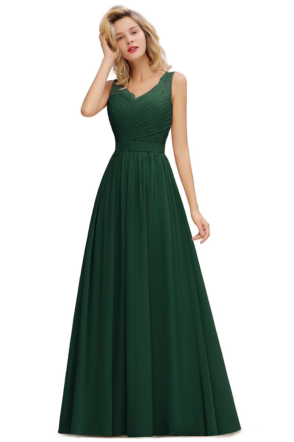 Chicloth A-line Chiffon Lace V-Neck Ruffles Bridesmaid Dress