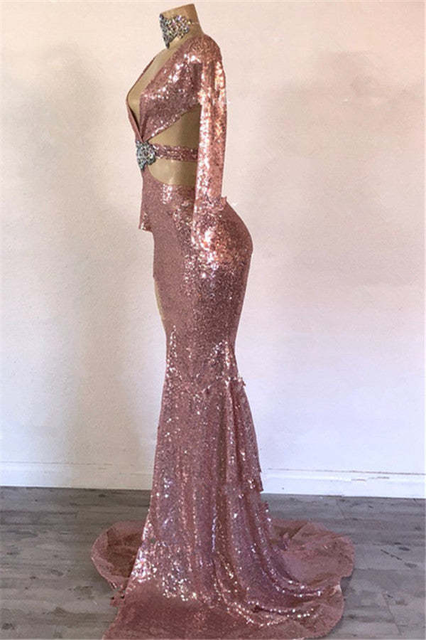 Chicloth Pink Long Sleeevs Sequins Prom Dress Mermaid With Split