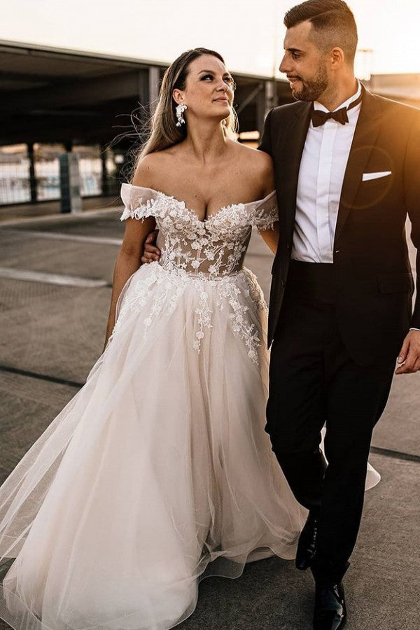 Chicloth Champagne Off-the-Shoulder Beach Wedding Dress Tulle With Appliques