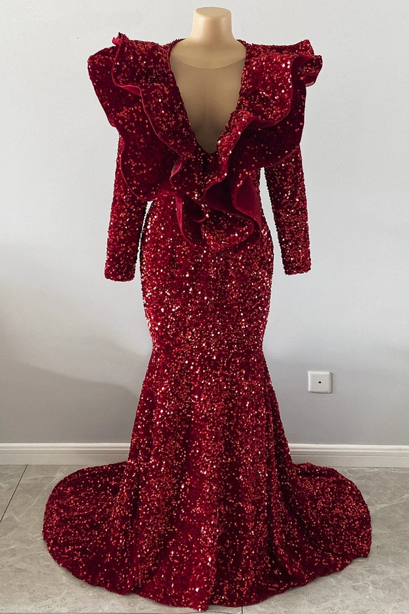 Chicloth Burgundy Prom Dress Mermaid V-Neck With Ruffle