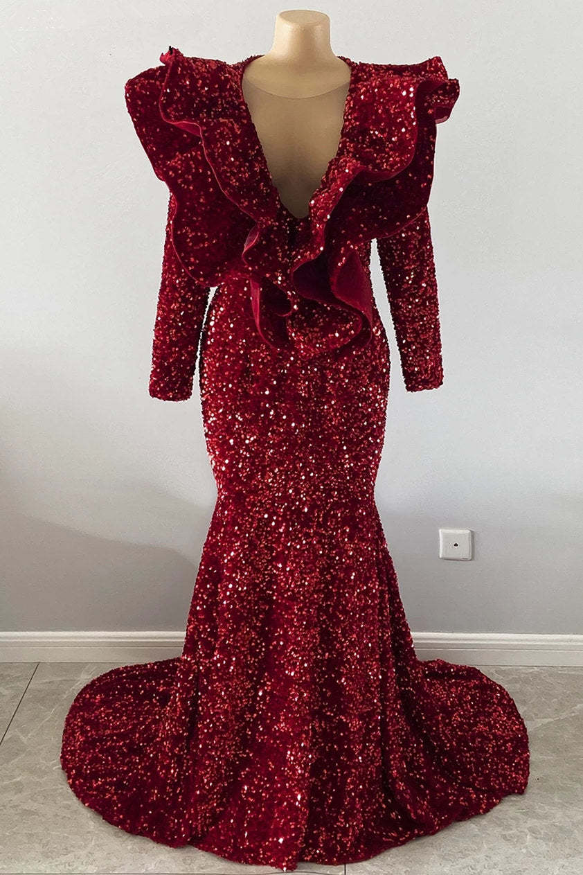 Chicloth Burgundy Prom Dress Mermaid V-Neck With Ruffle