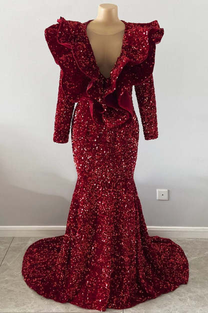 Chicloth Burgundy Prom Dress Mermaid V-Neck With Ruffle