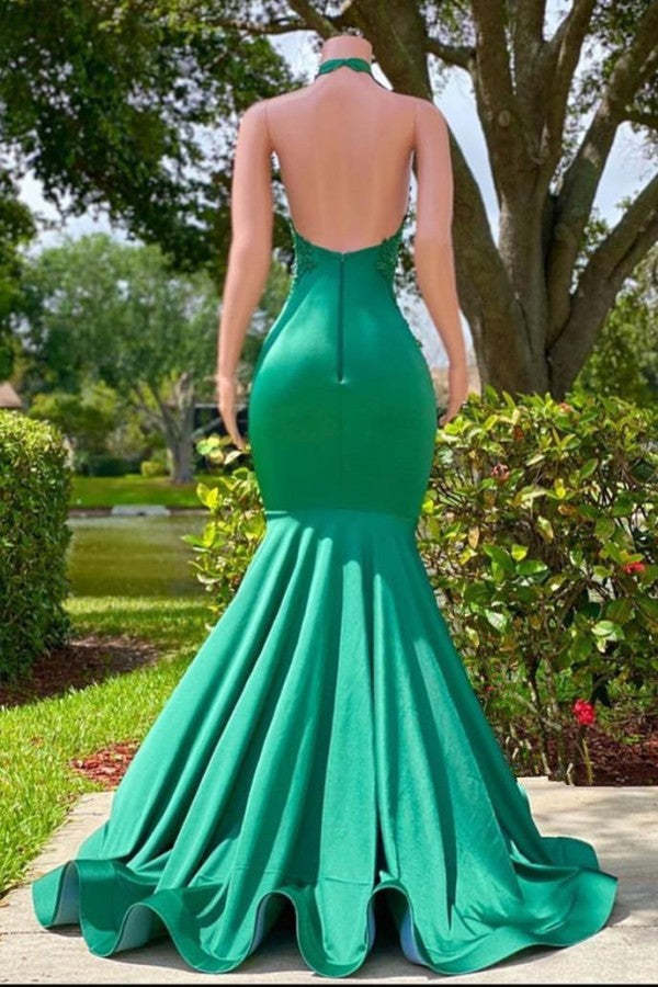 Chicloth Emerald Green Prom Dress Mermaid High Neck Sleeveless