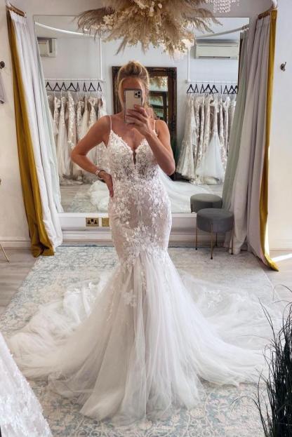 Chicloth Spaghetti-Straps Lace Wedding Dress Mermaid Sleeveless Online