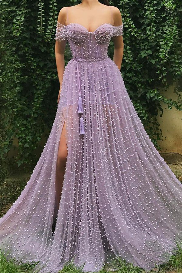 Chicloth Lilac Off-the-Shoulder Long Prom Dress With Split