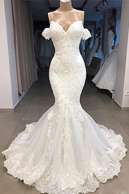 Chicloth Sexy Sweetheart Off-the-shoulder White Wedding Dresses Mermaid Lace Bridal Gowns With Appliques Online