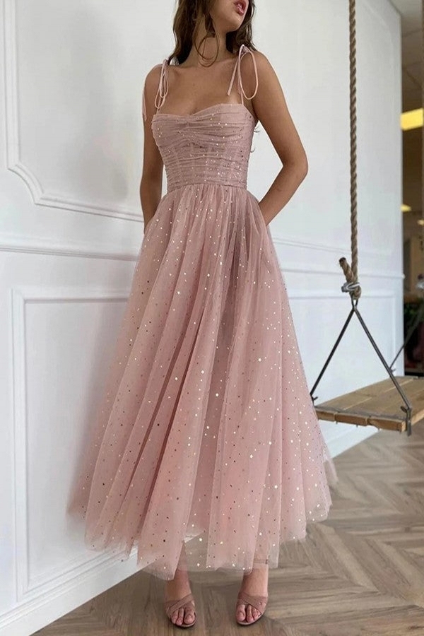 Chicloth Straps Tulle Dusty Pink Prom Dress Short With Sequins