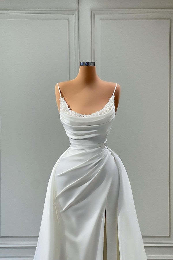 Chicloth Spaghetti-Straps Mermaid Prom Dress White Long With Slit Beads