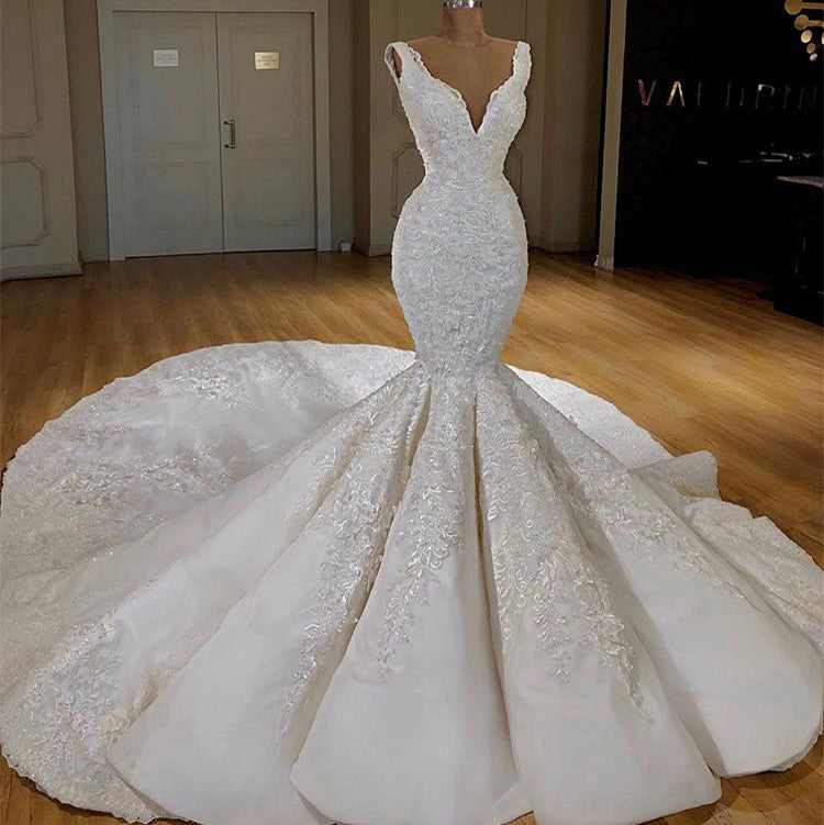 Chicloth Sexy White Mermaid Ruffles Wedding Dresses Straps Sleeveless V-neck Bridal Gowns With Appliques Online
