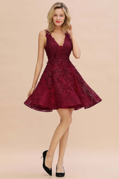Chicloth Burgundy Sleeveless Lace Short Prom Dress Mini Party Gowns Online