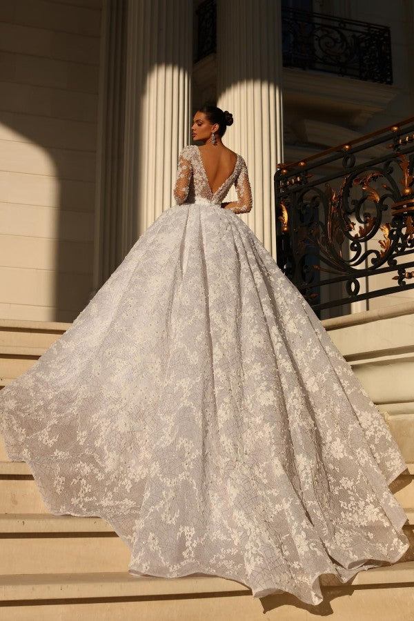 Chicloth Long Sleeves Ball Gown Wedding Dress Lace Appliques V-Neck
