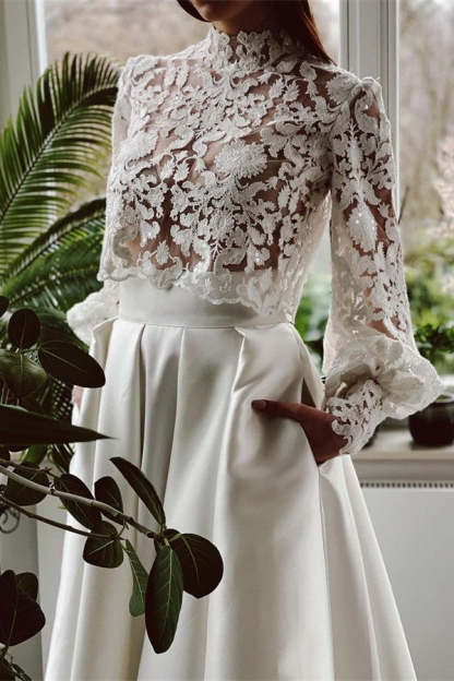 Chicloth Long Sleeves Bridal Dress Lace Satin Skirt With Pockets
