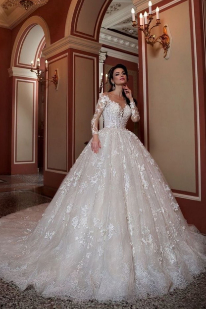 Luxurious Long Sleeve Lace Applique A-Line Wedding Dress