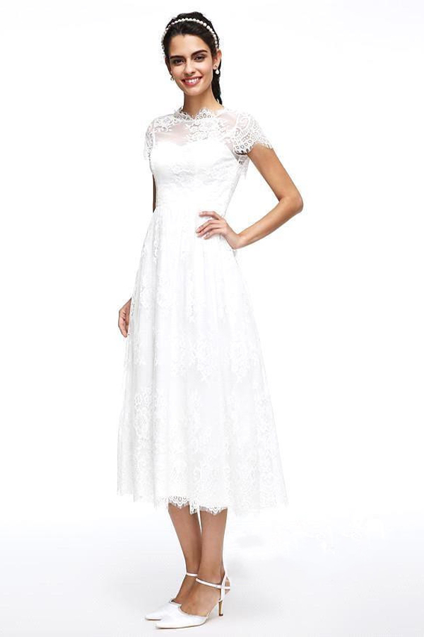 A-Line Wedding Dresses Jewel Neck Tea Length Lace Short Sleeve Simple Casual Illusion Backless