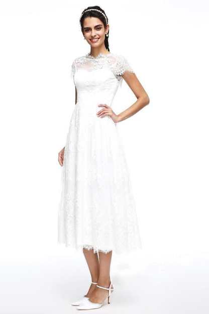 A-Line Wedding Dresses Jewel Neck Tea Length Lace Short Sleeve Simple Casual Illusion Backless