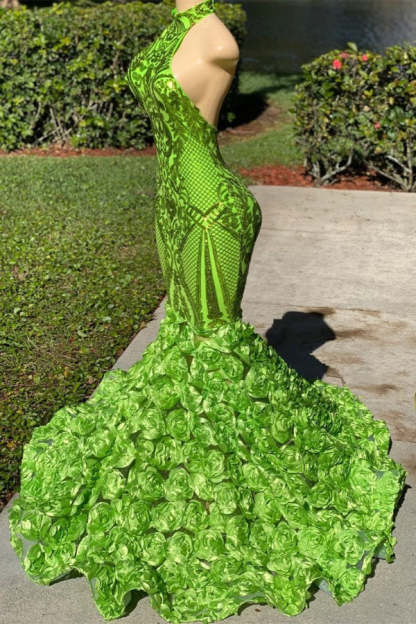 Chicloth Green High Neck Prom Dress Sleeveless Sequins Mermaid Flowers Bottom