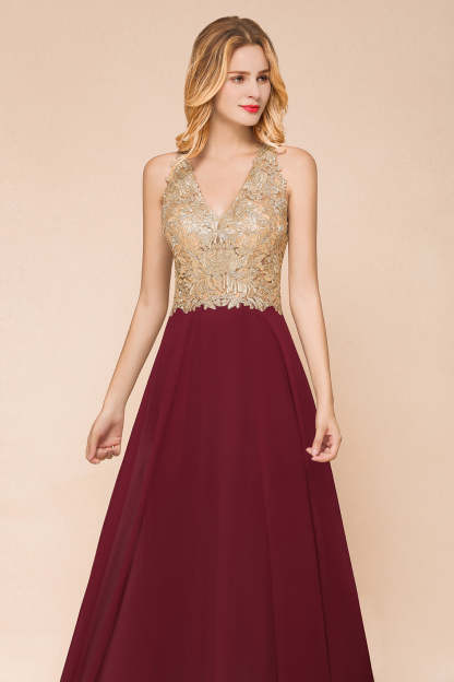 Chicloth Gorgeous V-Neck Burgundy Prom Dress Long Sleeveless Evening Gowns With Appliques