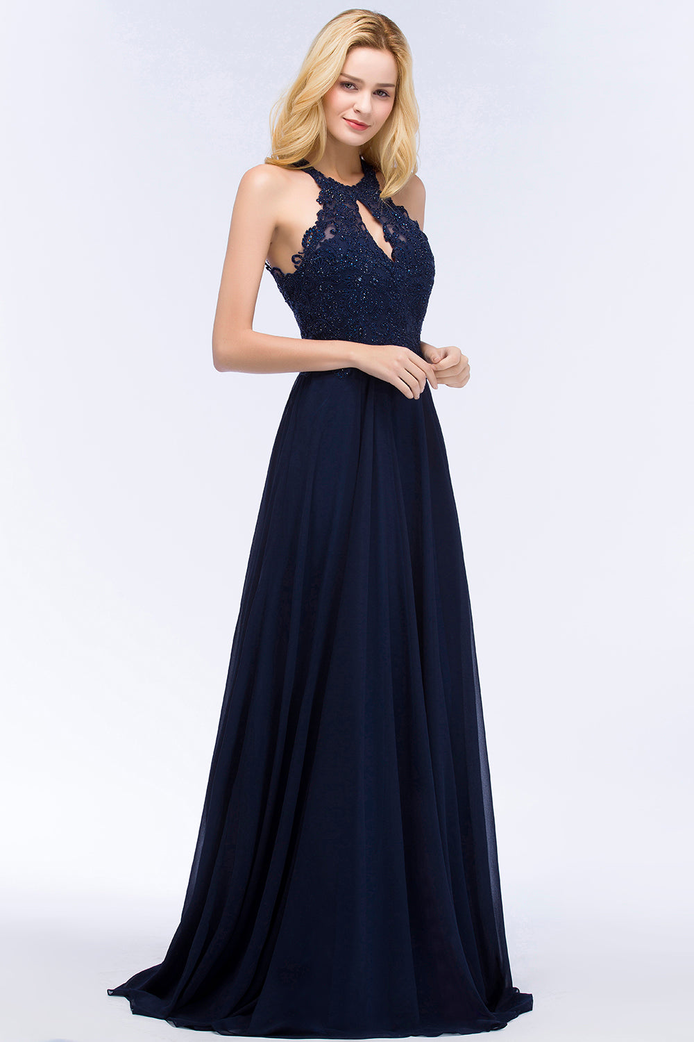 Chicloth A-line Keyhole Neckline Halter Long Beading Prom Dress