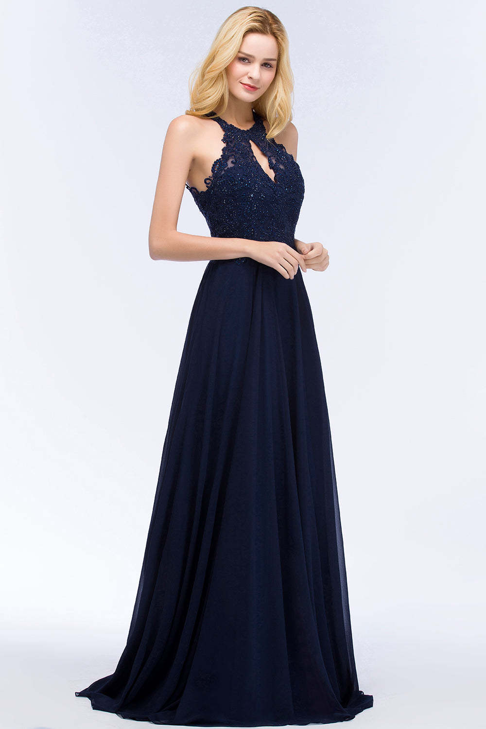 Chicloth A-line Keyhole Neckline Halter Long Beading Prom Dress