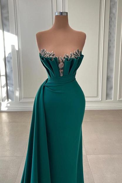 Chicloth Strapless Dark Green Prom Dress Mermaid Long With Ruffle