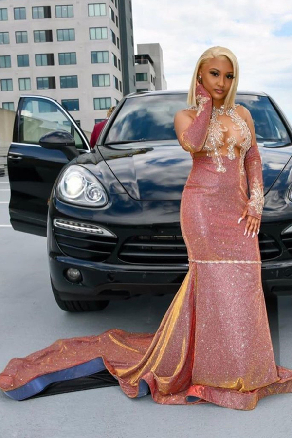 Glitter Long Sleeve Appliques Mermaid Evening Gown