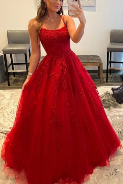 Backless Red Tulle Lace Formal Evening Dresses Appliques Aline Formal Dress