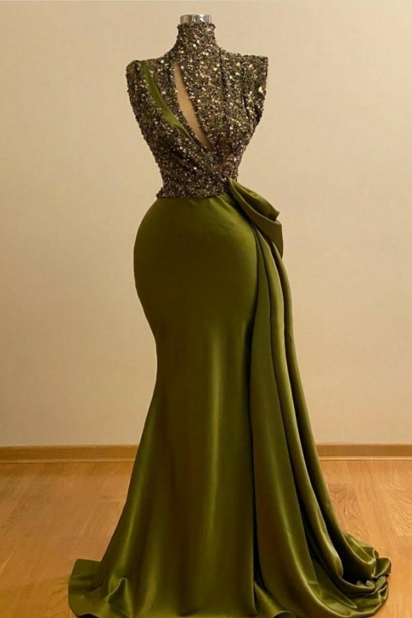 Chicloth High Neck Mermaid Prom Dress Sequins With Ruffle