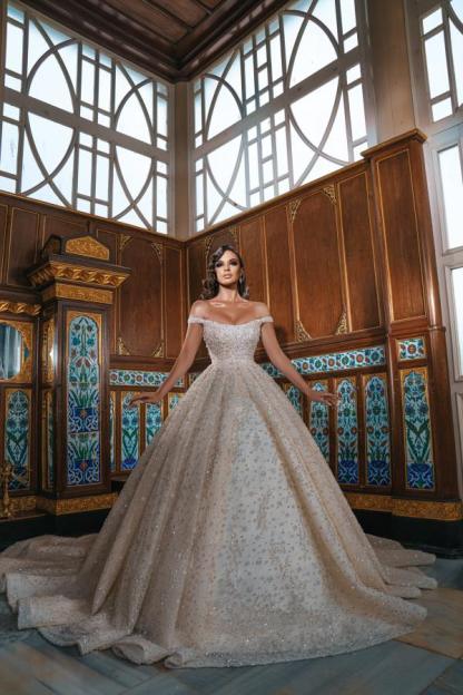 Chicloth Off-the-Shoulder Wedding Dress Beadings With Split Overskirt