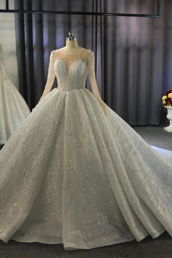 Chicloth Glamorous Ball Gown Tulle Jewel Wedding Dress Long Sleeves Ruffles Beadings Sequined Bridal Gowns Online