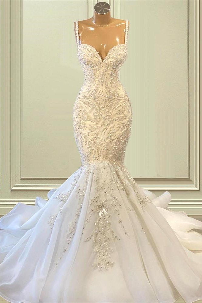 Chicloth Spaghetti-Straps Sleeveless Wedding Dress Mermaid Long With Beadings