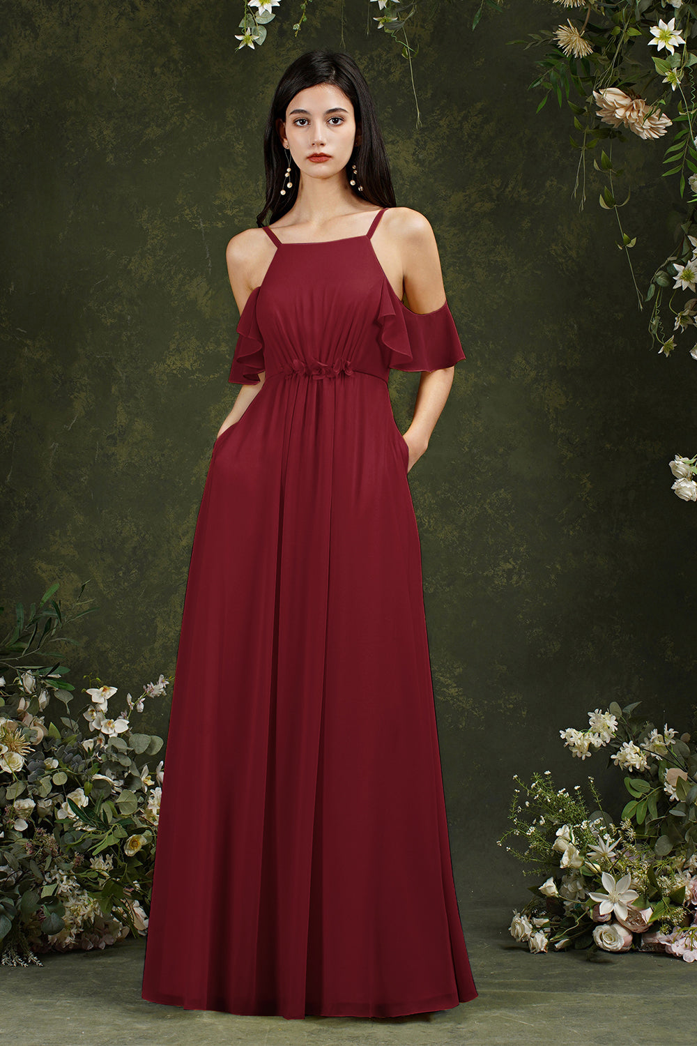 Chicloth Halter Chiffon Bridesmaid Dress Long WIth Ruffle