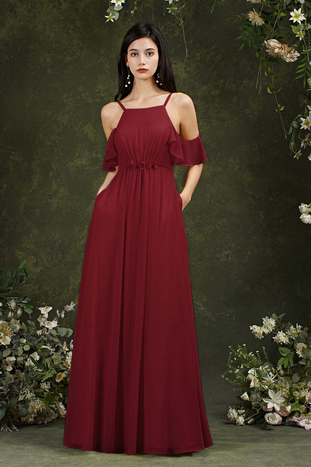 Chicloth Halter Chiffon Bridesmaid Dress Long WIth Ruffle