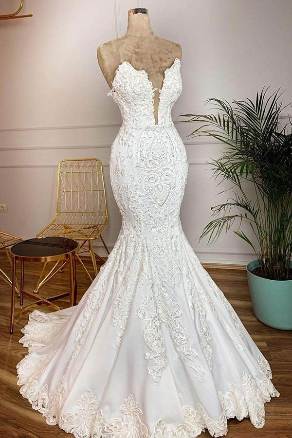 Chicloth Elegant Satin Sweetheart Mermaid Wedding Dresses White Lace Bridal Gowns With Appliques Online