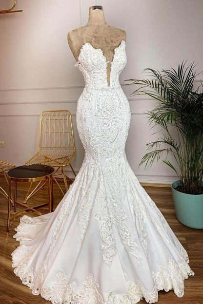 Chicloth Elegant Satin Sweetheart Mermaid Wedding Dresses White Lace Bridal Gowns With Appliques Online