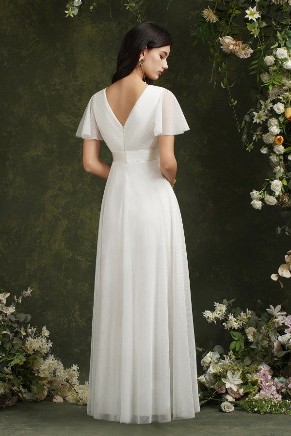 Chicloth Short Sleeves White Birdesmaid Dress Long Chiffon V-Neck