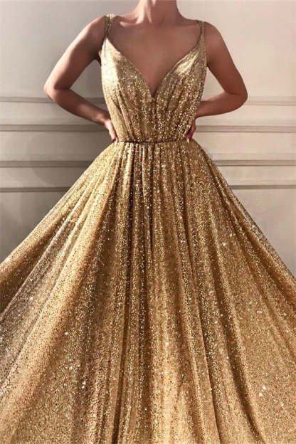 Chicloth Gold Sequins V-Neck Prom Dress Sleeveless Long