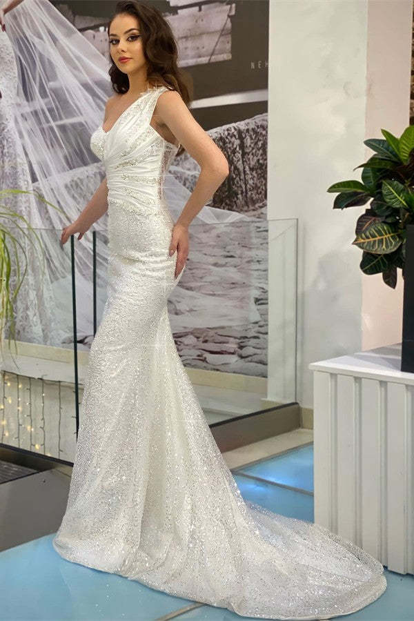 Chicloth White Mermaid Prom Dress One Shoulder Sleeveless Long