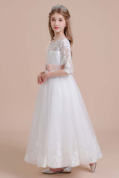 Chicloth A-Line Illusion Lace Tulle Ankle Length Flower Girl Dress On Sale