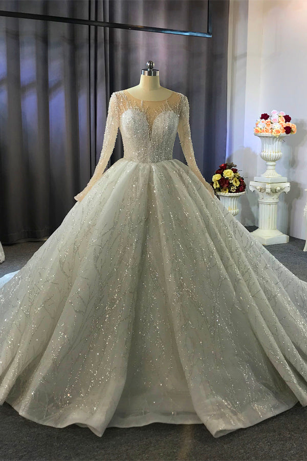 Chicloth Glamorous Ball Gown Tulle Jewel Wedding Dress Long Sleeves Ruffles Beadings Sequined Bridal Gowns Online