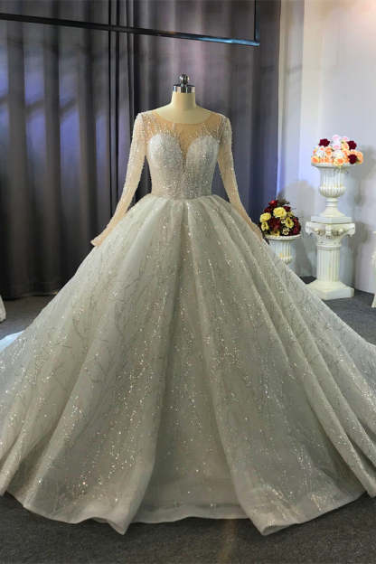 Chicloth Glamorous Ball Gown Tulle Jewel Wedding Dress Long Sleeves Ruffles Beadings Sequined Bridal Gowns Online