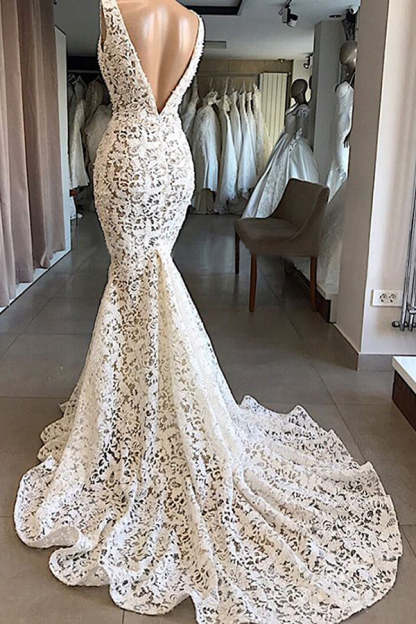 Chicloth Unique White Mermaid Lace Wedding Dresses Straps Sleeveless Bridal Gowns With Appliques Online
