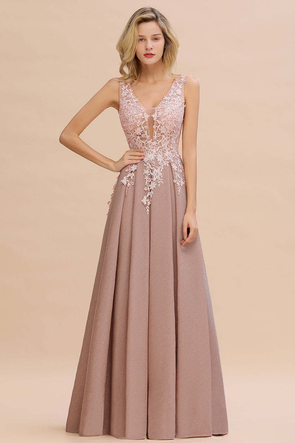 Chicloth Dusty Pink V-Neck Long Prom Dress With Lace Appliques Online