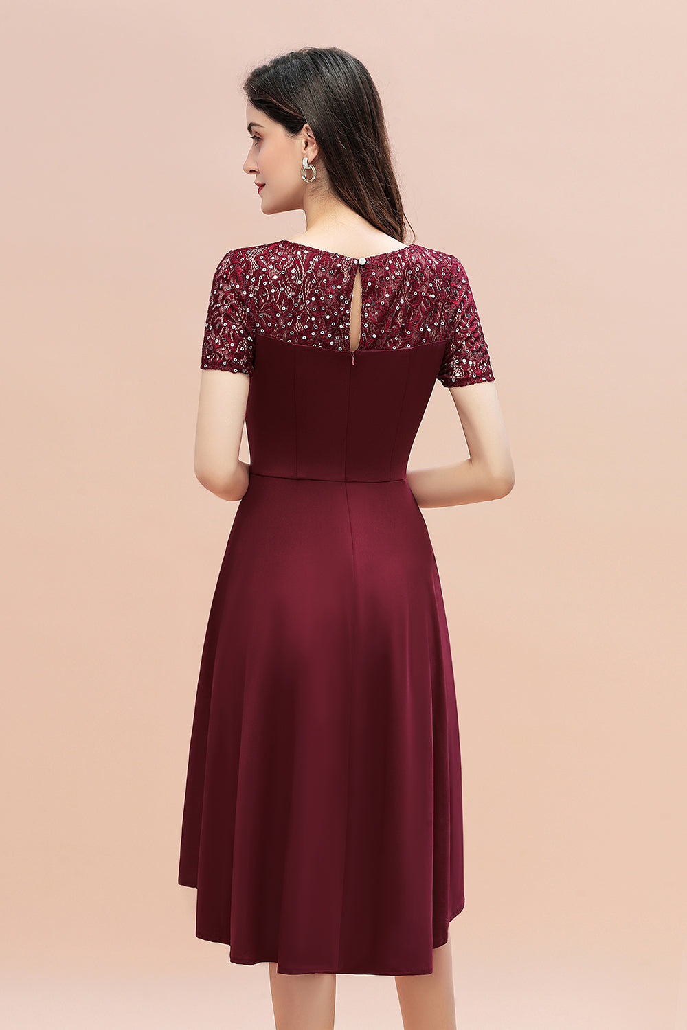 Chicloth Lovely Jewel Satin Sequins Bridesmaid Dress Short Sleeve Burgundy Cocktail Dress
