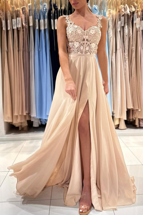 Chicloth Straps Square Prom Dress Champagne Slit With Appliques