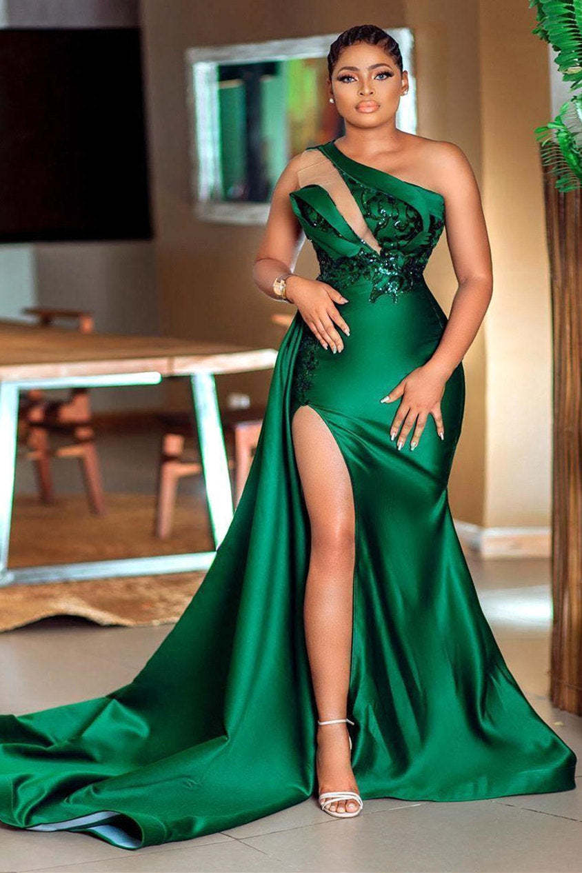 Chicloth Emerald Green One Shoulder Prom Dress Mermaid Slit With Sequins
