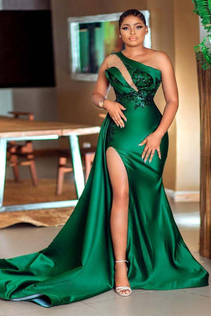 Chicloth Emerald Green One Shoulder Prom Dress Mermaid Slit With Sequins