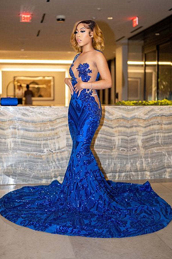 Chicloth Royal Blue Prom Dress Mermaid Sequins Sleeveless