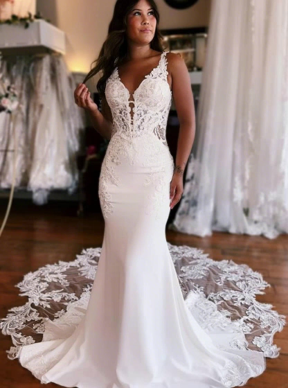 Elegant Wedding Dresses With Lace Appliques | Wedding Dresses Mermaid Sleeveless