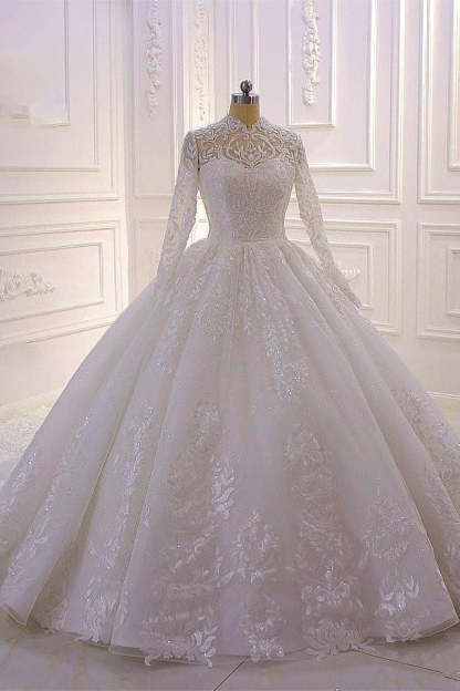 Chicloth Luxury Ball Gown High Neck Tull Lace Wedding Dress Long Sleeves Appliques Sequins Bridal Gowns Online